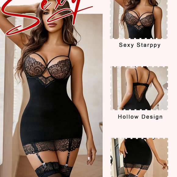 NWT-Black Chemise with Lace Detailing and Garter Straps - Picture 1 of 7